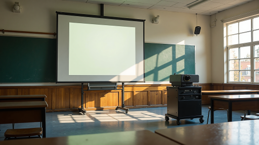 教育机构多媒体教室内部，投影设备，学生正在上课，现代化教学环境，明亮室内光线