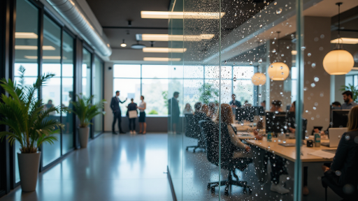 金融公司办公室内部，现代化办公环境，玻璃隔断会议室，员工正在使用电脑工作，专业商务氛围，明亮室内光线