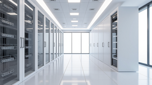 医院信息中心内部，服务器机房，技术人员正在维护医疗信息系统，专业医疗IT环境，白色机柜设备