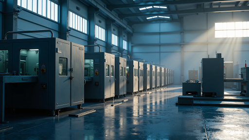 制造企业生产车间内部，自动化生产线设备，工人正在操作机器，现代化工厂环境，明亮工业照明