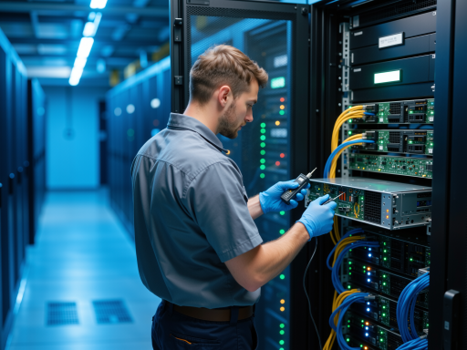 现代化数据中心机房内部，整齐排列的服务器设备，蓝色LED指示灯闪烁，技术人员正在维护网络设备，白色墙壁背景，专业照明环境